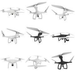 Remote control air drone set. Dron flying with action camera. 3d render isolated on white