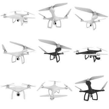 Remote control air drone set. Dron flying with action camera. 3d render isolated on white