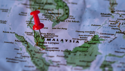 Close up the county of malaysia on world map,Pushpin marking of malaysia map