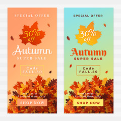 Autumn super sale banner background design. Fall discount online shop web flyer template. 50% off sale label, card, poster promotion with a pile of dry leaves vector illustration.