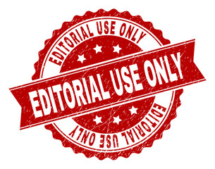 EDITORIAL USE ONLY seal stamp with distress texture. Rubber seal imitation has round medal shape and contains ribbon. Red vector rubber print of EDITORIAL USE ONLY text with unclean texture.