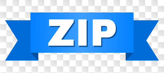 ZIP text on a ribbon. Designed with white title and blue stripe. Vector banner with ZIP tag on a transparent background.