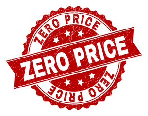 ZERO PRICE seal print with corroded texture. Rubber seal imitation has round medallion form and contains ribbon. Red vector rubber print of ZERO PRICE text with corroded texture.
