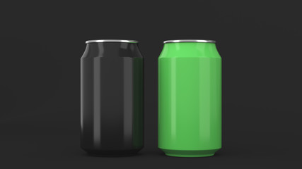 Two small black and green aluminum soda cans mockup on black background