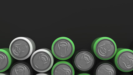 Big black, white and green soda cans on black background