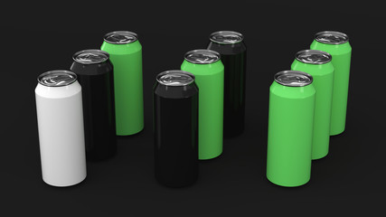 Raw of black, white and green soda cans