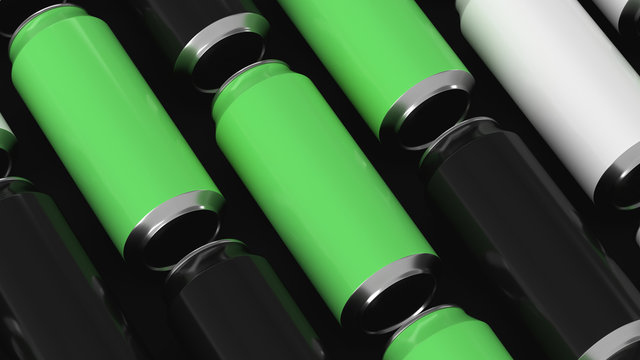 Raws of black, white and green soda cans