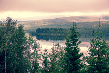 Panoramic view of the mountain lake. Beautiful nature of Norway