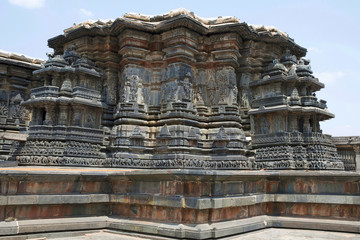 View of stellate, star Shape, form of shrine outer wall at the Chennakeshava temple. Belur,...