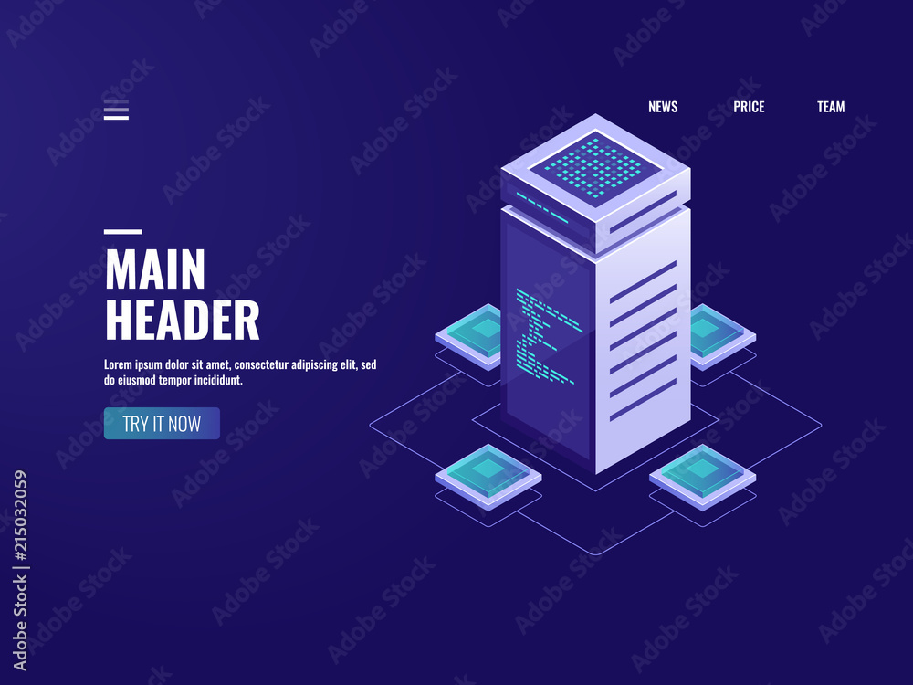 Poster server room isometric big data processing, cloud storage, blockchain technology, data center and dat