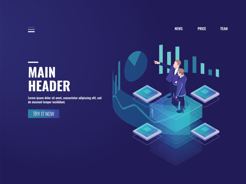 Man look graphic chart, business analytics concept, big data processing icon, virtual reality interface, server room admin administrator, isometric illustration vector neon