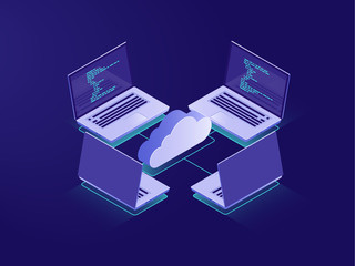 Networking with four laptops, internet connection, cloud data storage, server room, backup files, database remote access isometric illustration vector neon