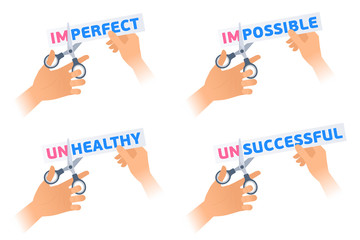Fototapeta premium Human hand is using a scissors to cut a demotivation word on the sticker. Flat illustration of steel office shears cut a letters off to get a motivation phrase and to change. Vector business concept.