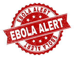 EBOLA ALERT seal print with corroded surface. Rubber seal imitation has circle medal shape and contains ribbon. Red vector rubber print of EBOLA ALERT tag with corroded texture.