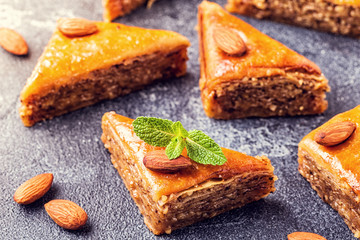 Homemade baklava with nuts and honey.