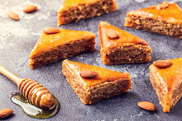 Homemade baklava with nuts and honey.