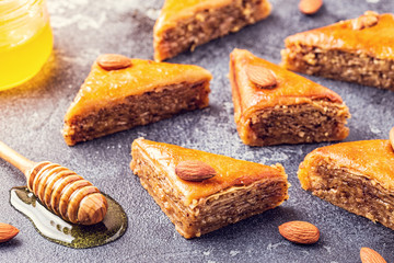 Homemade baklava with nuts and honey.