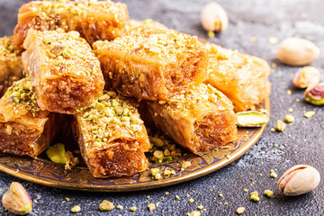 Homemade baklava with nuts and honey.