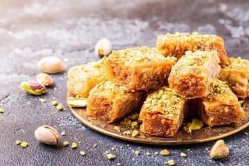 Homemade baklava with nuts and honey.