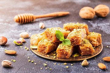 Homemade baklava with nuts and honey.