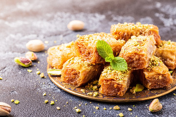 Homemade baklava with nuts and honey.