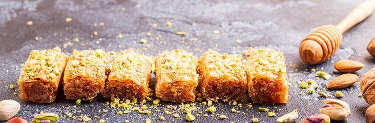 Homemade baklava with nuts and honey.
