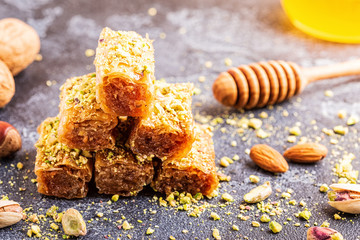 Homemade baklava with nuts and honey.