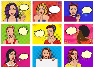 Wall murals Pop Art Comic woman vector popart cartoon girl character speaking bubble speech or comicgirl illustration female set of beautiful lady pinup with pretty face in fashion style on background