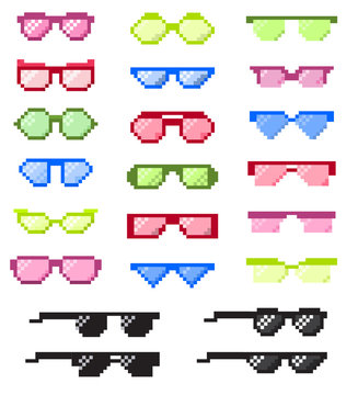 Glasses Pixel With Eyes Vector Cartoon Eyeglass Frame Or Sunglasses And Accessories Fashion Optical Framing Spectacles Eyesight View Illustration Pixelization Set Isolated On White Background