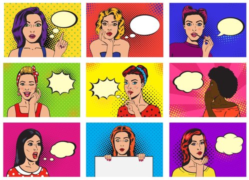 Comic woman vector popart cartoon girl character speaking bubble speech or comicgirl illustration female set of beautiful lady pinup with pretty face in fashion style on background
