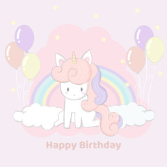 Cute hand drawn unicorn party happy birthday card.