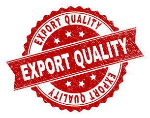 EXPORT QUALITY seal print with distress style. Rubber seal imitation has circle medal shape and contains ribbon. Red vector rubber print of EXPORT QUALITY tag with unclean texture.