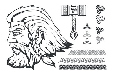 Scandinavian god of thunder and storm. Hand drawing of Thor's Head. The hammer of Thor - mjolnir. Son of Odin. Cartoon bearded man character. Norse mythology. Vector graphics to design