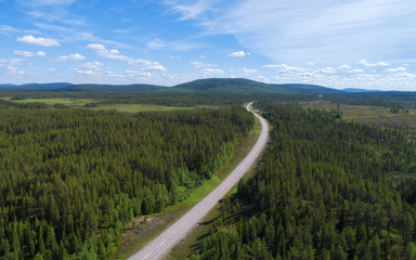 Aerial view of road and forest in sweden