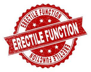 ERECTILE FUNCTION seal print with distress texture. Rubber seal imitation has round medallion shape and contains ribbon. Red vector rubber print of ERECTILE FUNCTION caption with retro texture.