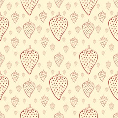 Seamless pattern of outlines red strawberries on the yellow background, vector food, berries