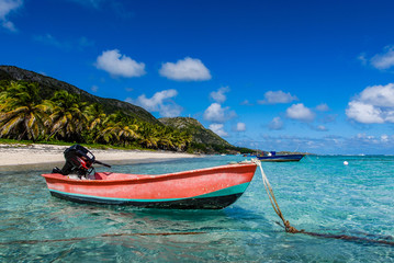 Plakat A red fishing boat is anchored in the transparent waters of the lagoon of Desirade Island, under a blue sky