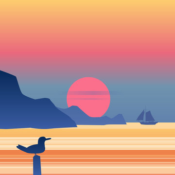 Sunset sailboat on blue sea ocean horizon, seagull, vector background, rock, sailing, illustration, vector, isolared