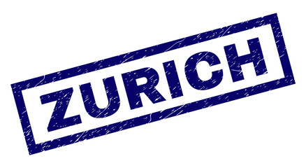 Rectangle ZURICH seal imprint with corroded texture. Rubber seal imitation has rectangle frame. Blue vector rubber print of ZURICH caption with corroded texture.