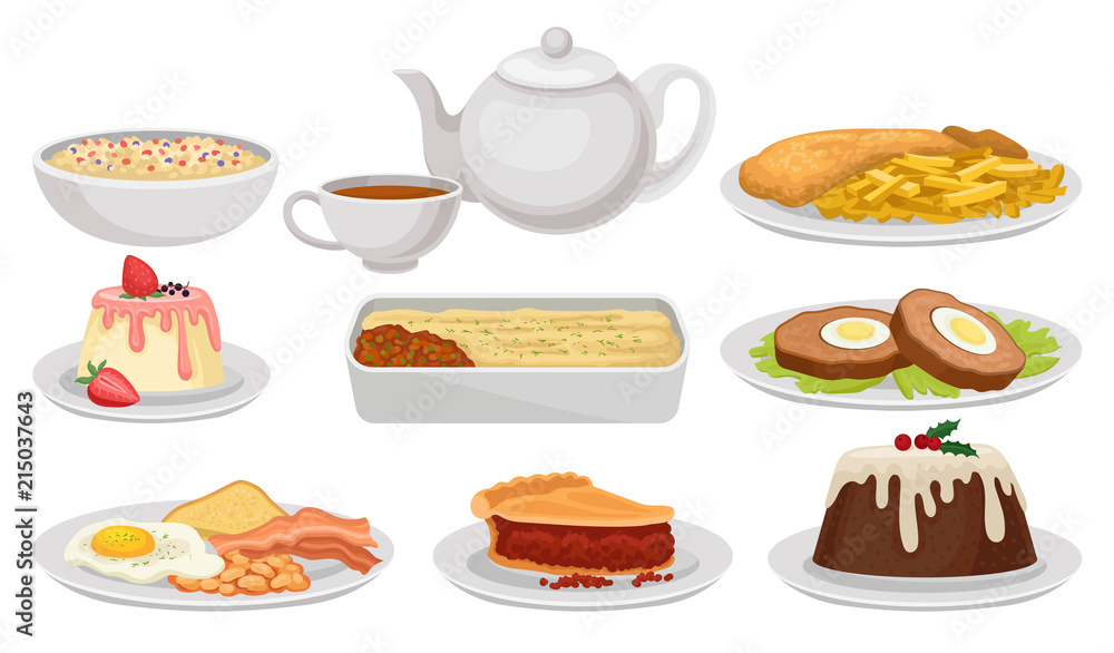 Wall mural Flat vector set of traditional English food. Tasty dishes, desserts and tea. British cuisine. Elements for recipe book, cafe or restaurant menu