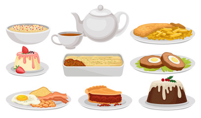 Flat vector set of traditional English food. Tasty dishes, desserts and tea. British cuisine. Elements for recipe book, cafe or restaurant menu