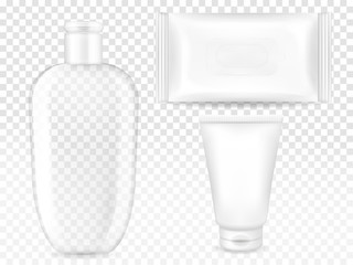 Cosmetic containers vector illustration of 3D realistic model templates for brand. Isolated set of transparent shampoo or cleanser bottle, facial cream tube and wet wipes or towels sachet