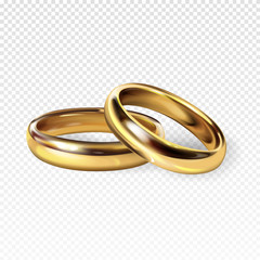Golden wedding rings 3d realistic vector illustration for engagememtn, Save the Dage and marriage greeting and invitation card design template. Isolated on white background