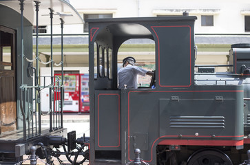 Vintage locomotive on green