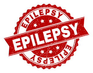 EPILEPSY seal print with corroded texture. Rubber seal imitation has circle medal shape and contains ribbon. Red vector rubber print of EPILEPSY label with corroded texture.