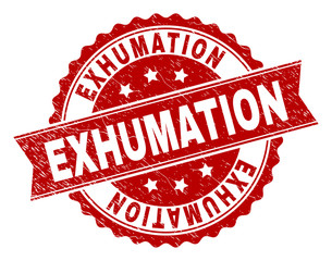 Obraz premium EXHUMATION seal imprint with corroded texture. Rubber seal imitation has circle medallion form and contains ribbon. Red vector rubber print of EXHUMATION tag with corroded texture.