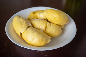 flesh yellow durian king of fruits on dish ready to eat