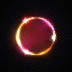 Red pink yellow neon ring. Light circle background on transparent. Glowing energy round frame. Magic light tube. Abstract electric geometric shape. Neon lights frame. Night bright vector illustration.