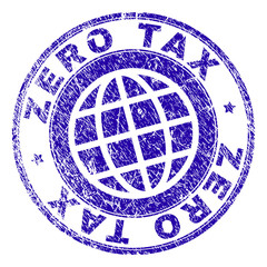 ZERO TAX stamp print with grunge effect. Blue vector rubber seal print of ZERO TAX caption with grunge texture. Seal has words placed by circle and planet symbol.