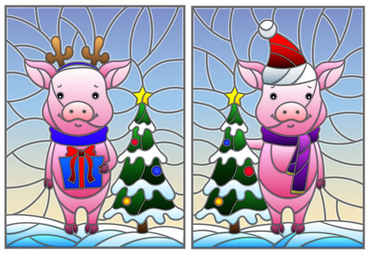 A set of illustrations in the style of stained glass with a pair of cartoon pigs and a Christmas tree on a background of snow and sky